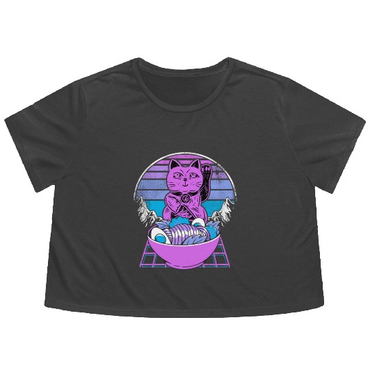 Ramen Maneki Neko Cat Kawaii Retrowave Sunset 80s Flowy Cropped Tees