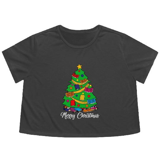 Merry Christmas Tree Love Reading Books Librarian Flowy Cropped Tees