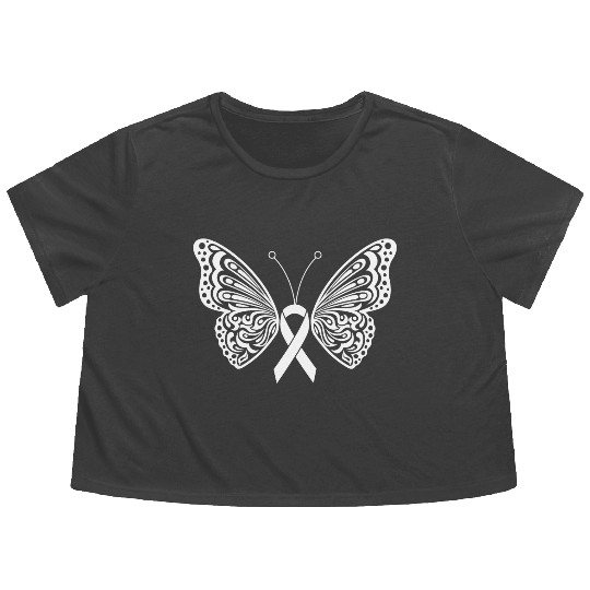 Lung Cancer Awareness White Ribbon Butterfly Flowy Cropped Tees