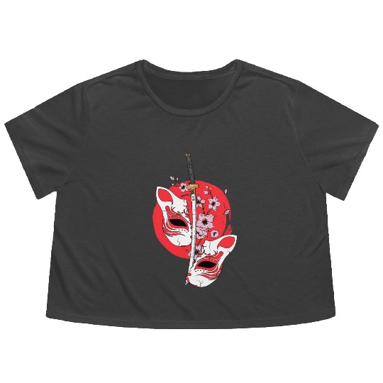 Kitsune mask Japanese sword Katana Japanese Flowy Cropped Tees
