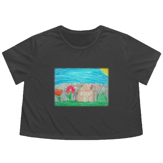 House with Garden and Flowers Optimism Kid Drawing Flowy Cropped Tees