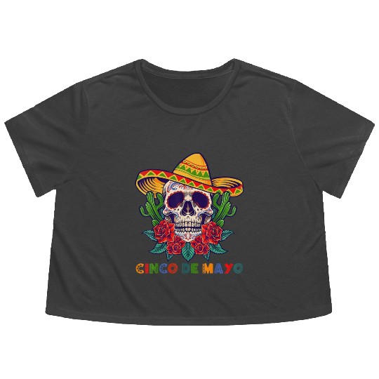 Cinco De Mayo Mexican Cross Sunglasses Skull Musta Flowy Cropped Tees