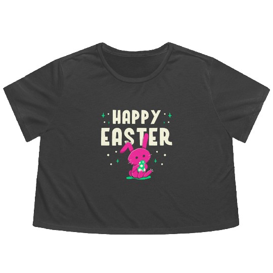Happy Easter Egg Bunny Sayings Flowy Cropped Tees