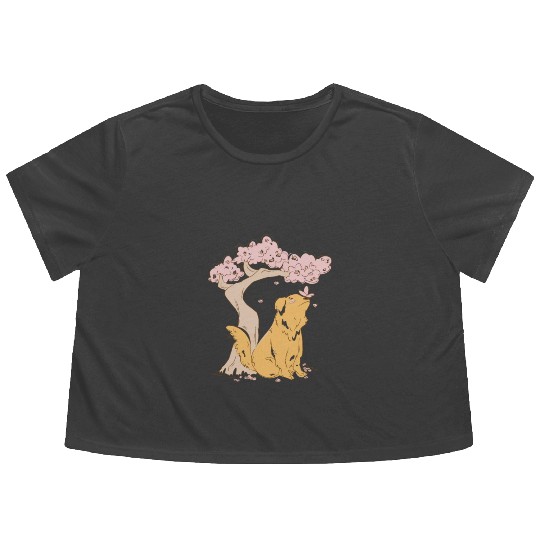 Dog With Sakura Tree Flowy Cropped Tees