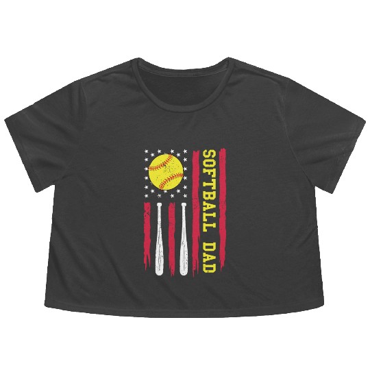 Softball Dad Vintage American Flag Flowy Cropped Tees