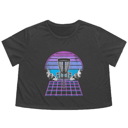 Disc Golf Basket 90s Synthwave Sunset Retrowave Flowy Cropped Tees
