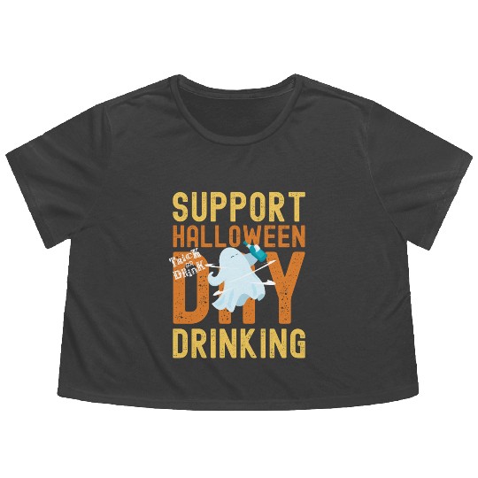 Support Halloween Day Drinking | Drunk Ghost Flowy Cropped Tees