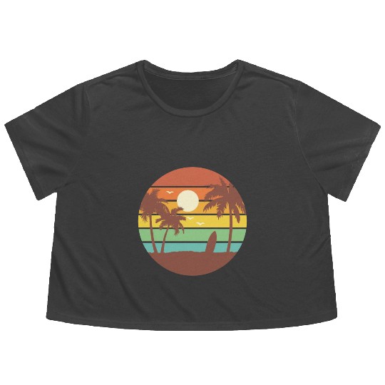 Surfing Retro Sunset , Beach, Palm Trees, Vacation Flowy Cropped Tees