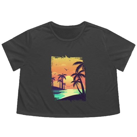 Ocean Retro Sunset , Beach, Palm Trees, Vacation Flowy Cropped Tees
