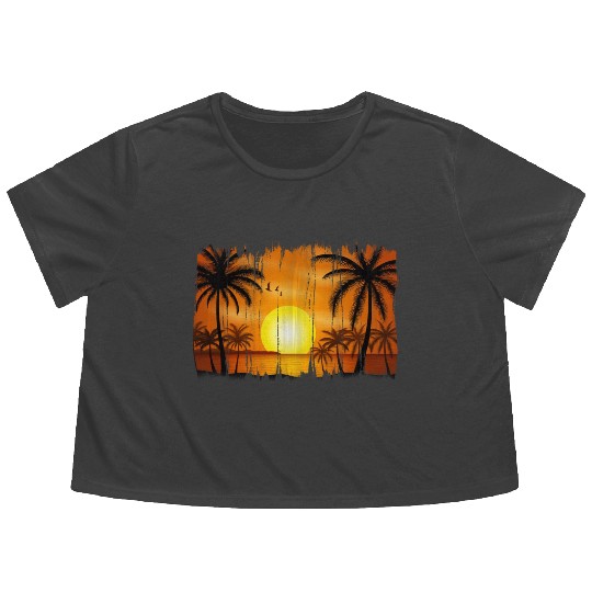 Retro Sunrise, Beach, Palm Trees, Vacation Flowy Cropped Tees