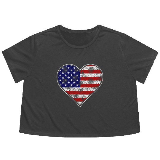US Patriotic Heart with US FLAG 4th of july Flowy Cropped Tees