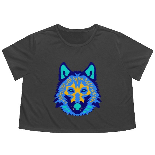 blue wolf face Flowy Cropped Tees