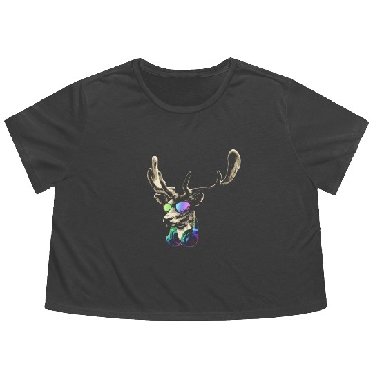 Deer DJ Brown Cool and Funny Music Animal With Flowy Cropped Tees