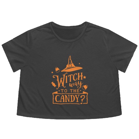 Witch Way To The Candy Hat Halloween Holiday Flowy Cropped Tees