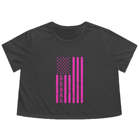 Pink Ribbon beating Breast Cancer American Flag Flowy Cropped Tees