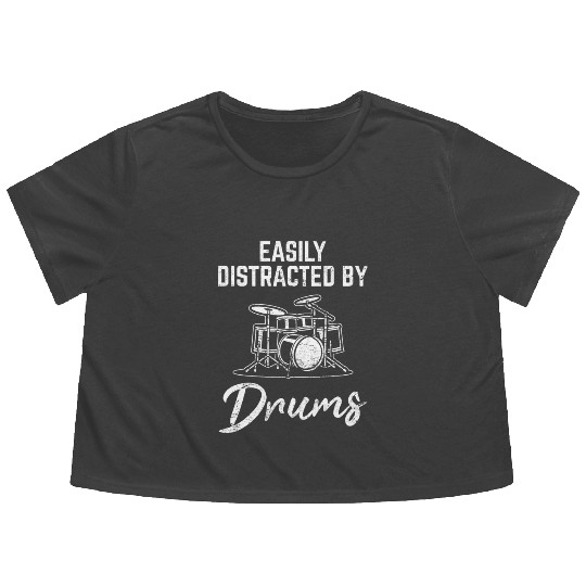 Easily Distracted By Drums Funny Drummer Percussio Flowy Cropped Tees
