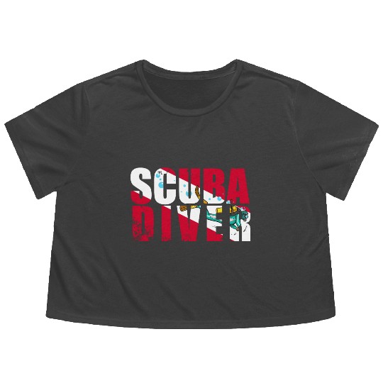 Scuba Diver Red White Flag Vintage Scuba Diving Flowy Cropped Tees