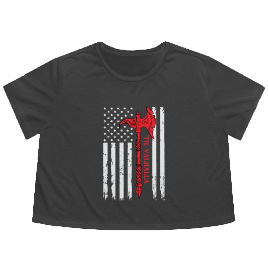 American Viking Axe Flag Til Valhalla Veteran Usa Flowy Cropped Tees