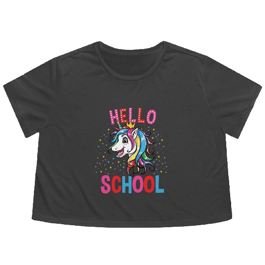 Cute Unicorn Hello School Back To School Flowy Cropped Tees