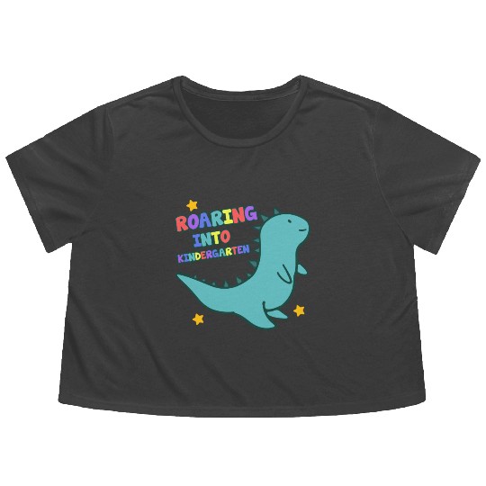 Roaring Into Kindergarten Cute Dinosaur Back To Flowy Cropped Tees