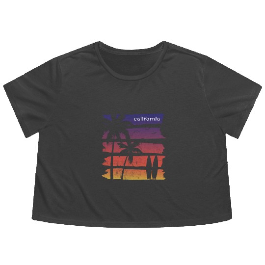 Cool California Surfing Fan Beach Palm Tree Flowy Cropped Tees