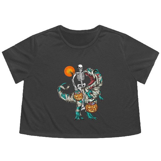 Halloween Skeleton Riding Mummy Dinosaur Pumpkin Flowy Cropped Tees