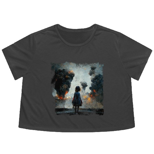 Kid in war looking at explosion AI painting Flowy Cropped Tees