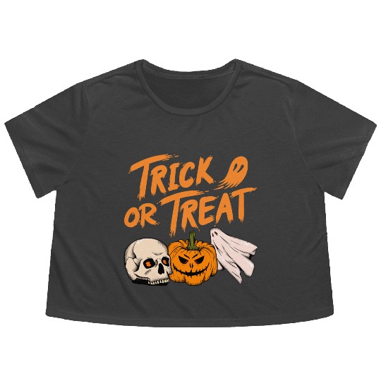 Halloween scary pumpkin head, skull and ghost Flowy Cropped Tees