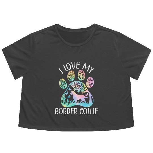 I Love My Border Collie Dog Lover Puppy Paw Love Flowy Cropped Tees