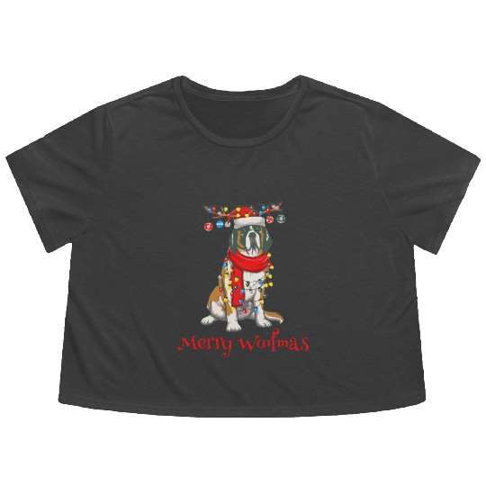 Christmas Saint Bernard Dog Holiday Lights Merry W Flowy Cropped Tees