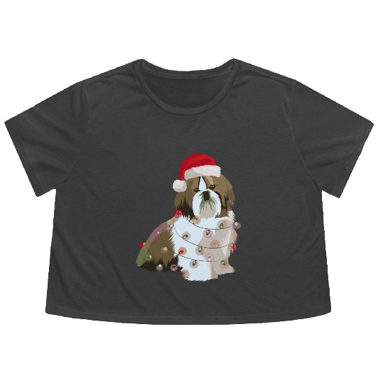 Shih Tzu Christmas Lights Xmas Dog Lover Flowy Cropped Tees