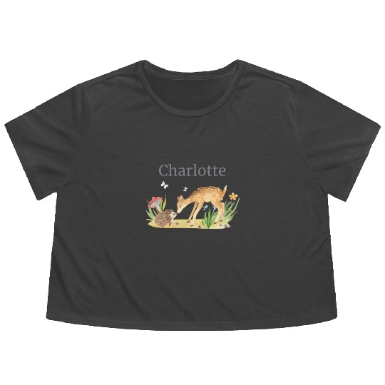 Forest Animal Deer Hedgehog Flowers Name Charlotte Flowy Cropped Tees