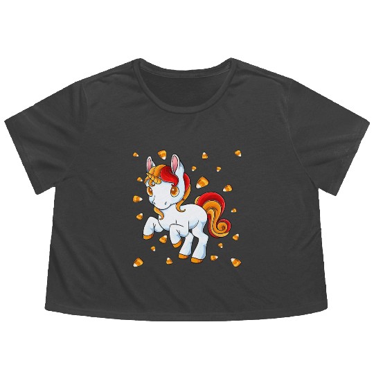 Halloween Unicorn Pony Candy Corn Halloween Flowy Cropped Tees