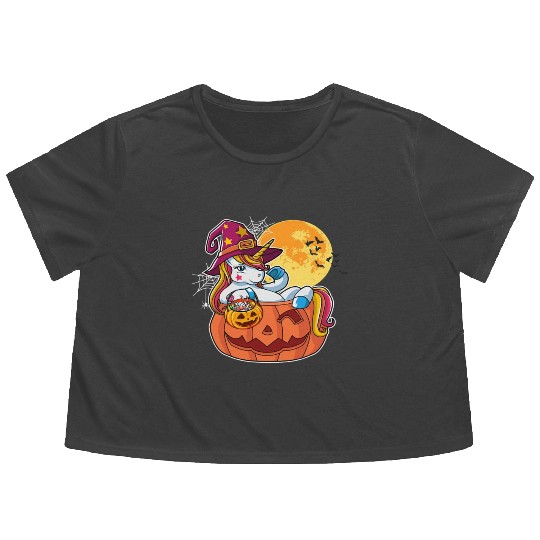 Halloween Unicorn Pony Trick Or Treat Halloween Flowy Cropped Tees