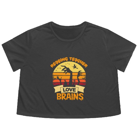 Reading Teachers Love Brains Zombie Teacher School Flowy Cropped Tees