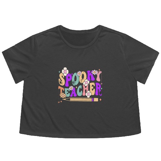 Spooky Season Retro Spooky Teacher Halloween Funny Flowy Cropped Tees