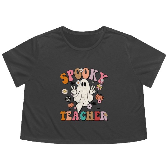 Groovy Halloween Spooky Teacher Cute Halloween Flowy Cropped Tees