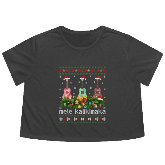 Mele Kalikimaka Ukulele Guitar Gift Ugly Ukulele Flowy Cropped Tees