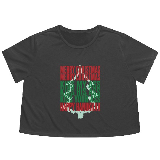 Merry Christmas Kiss My Ass Funny Hanukkah Tree Flowy Cropped Tees