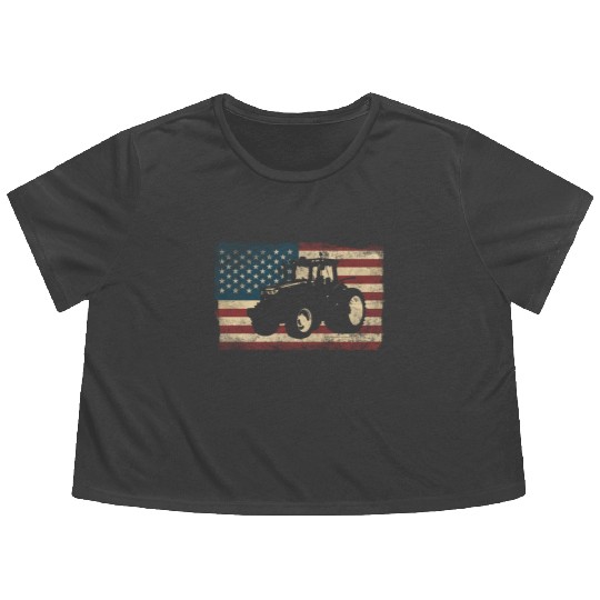 Farming Farmer American Flag Us Flowy Cropped Tees