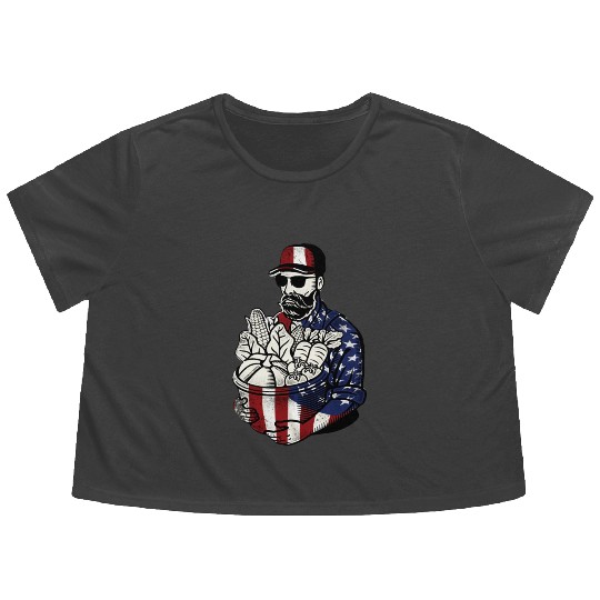 Farming Farmer American Flag Us Flowy Cropped Tees