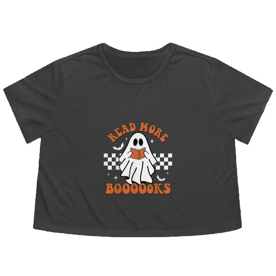 Cute Booooks Ghost Read More Books Funny Teacher Flowy Cropped Tees