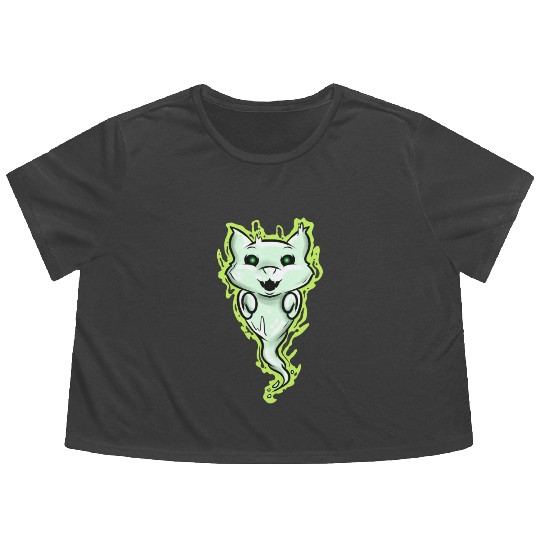 Ghost Cat Spirit Green Eyes Halloween Flowy Cropped Tees