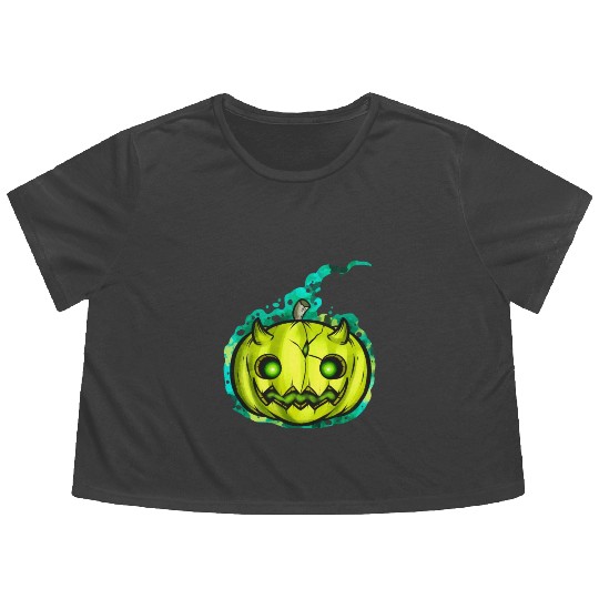 Green Pumpkin Spirit With Horns Halloween Flowy Cropped Tees