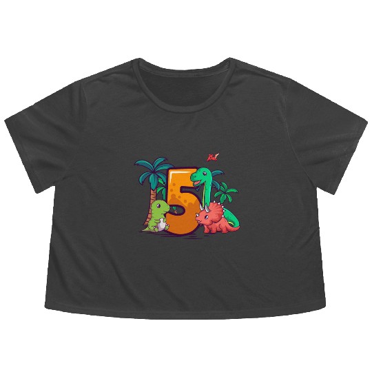 5th Birthday Trex Triceratops Dinosaur 5 Year Flowy Cropped Tees