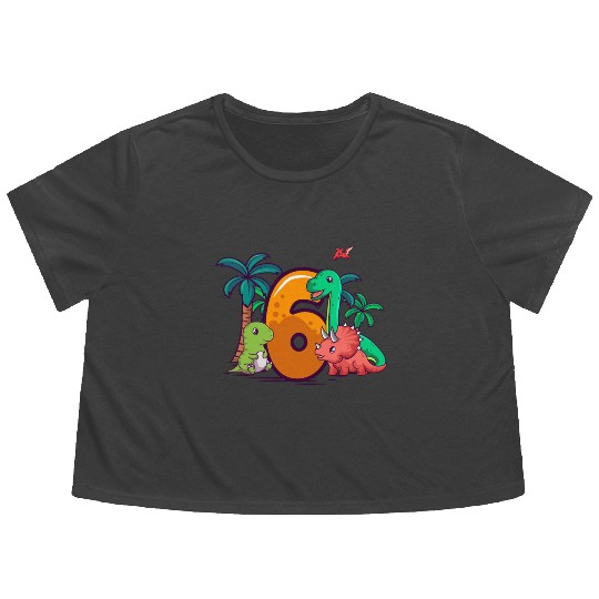 6th Birthday Trex Triceratops Dinosaur 6 Year Flowy Cropped Tees