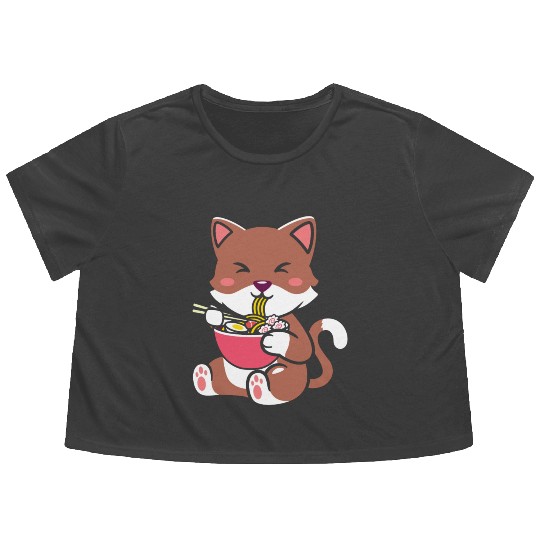 womens kawaii cat ramen anime neko teen boys girls Flowy Cropped Tees