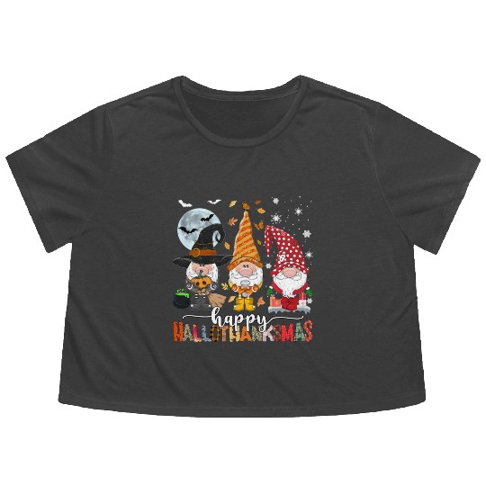 Happy Hallothanksmas Gnomes Lover Halloween Flowy Cropped Tees