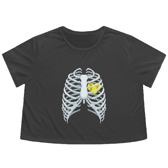 Funny Softbal Heart Skeleton Rib Cage Halloween Flowy Cropped Tees
