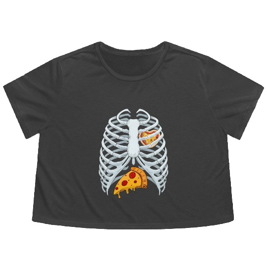 Funny PIzza Skeleton Rib Cage Halloween Costume Flowy Cropped Tees